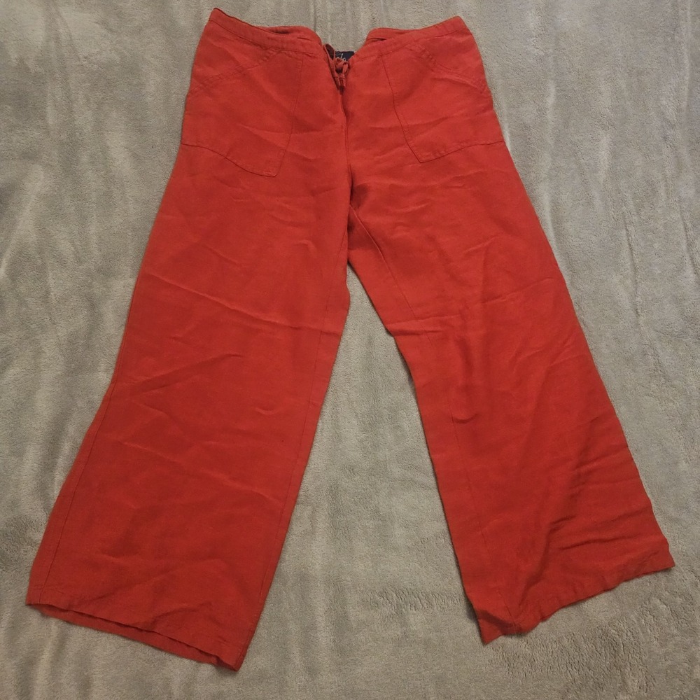 RAG Women's Linen Wide‎ Leg Trousers Pants Red Cropped Small Pockets